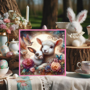 Sweet Pastel Watercolor Lamb Bunny Flowers Holiday Card