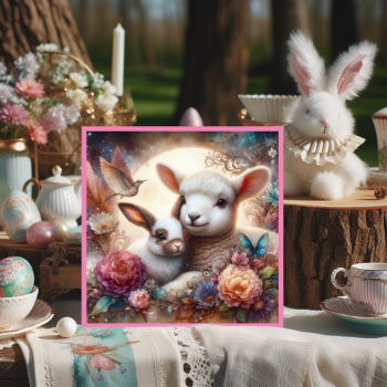 Sweet Pastel Watercolor Lamb Bunny Flowers Holiday Card by SingingMountains at Zazzle