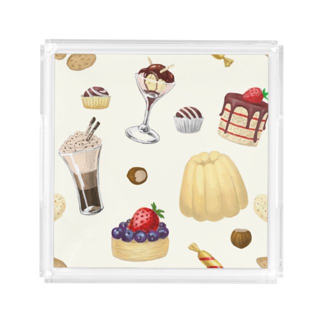 Sweet pattern with various desserts. acrylic tray (Front)