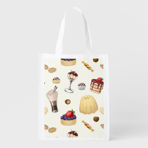 Sweet pattern with various desserts grocery bag