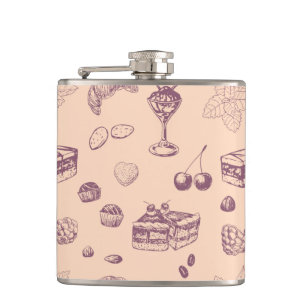 Sweet pattern with various desserts. hip flask