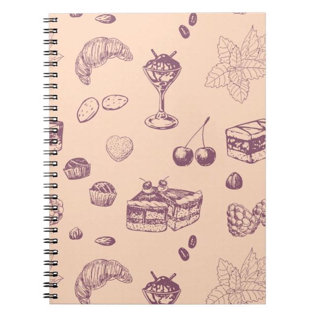 Sweet pattern with various desserts. notebook (Front)