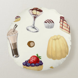 Sweet pattern with various desserts. round pillow