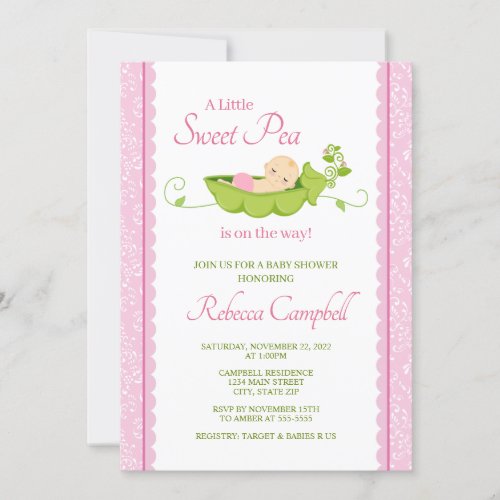Sweet Pea Baby Shower Invitation Girl Pink Invitation