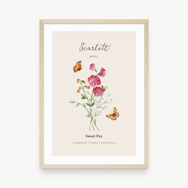 Sweet Pea Birth Month Flower Poster (Example of sweet pea birth flower poster once framed. )