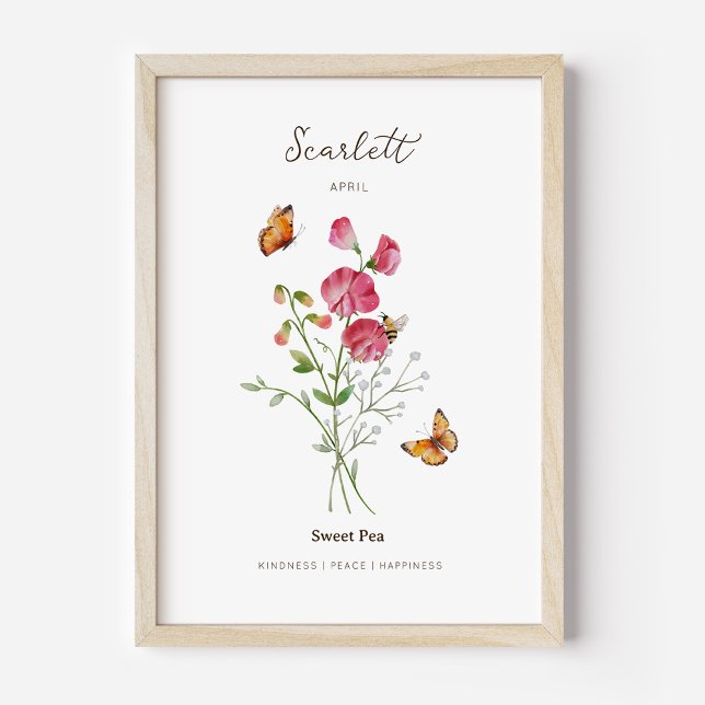 Sweet Pea Birth Month Flower Poster (Example of sweet pea birth flower poster once framed. )