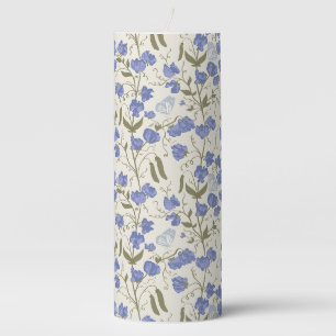 Sweet pea blue and cream cottagecore design pillar candle