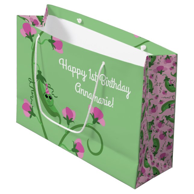 Sweet Pea Cute 1st Birthday Party Large Gift Bag (Front Angled)