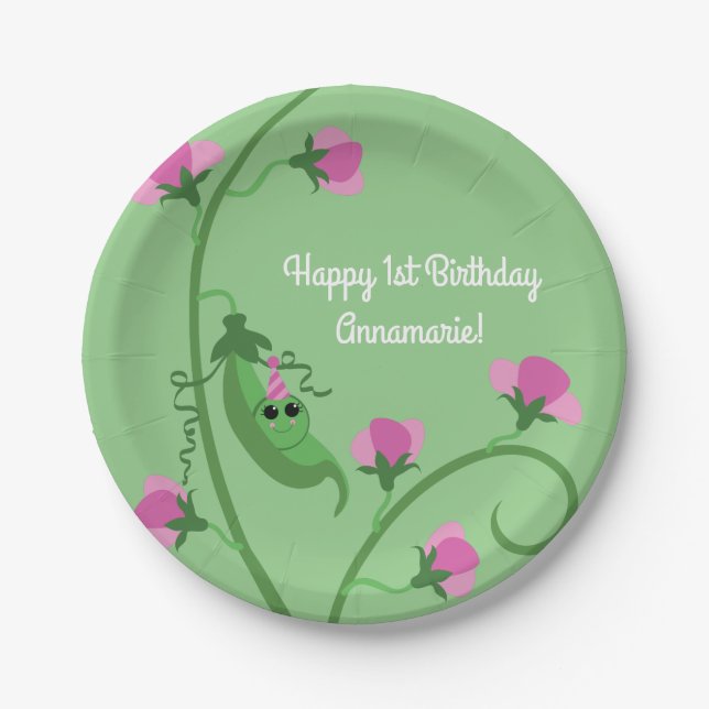 Sweet Pea Cute 1st Birthday Party Paper Plates (Front)