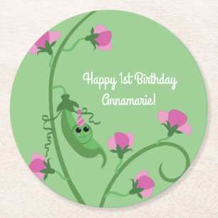 Sweet Pea Cute 1st Birthday Party Round Paper Coaster