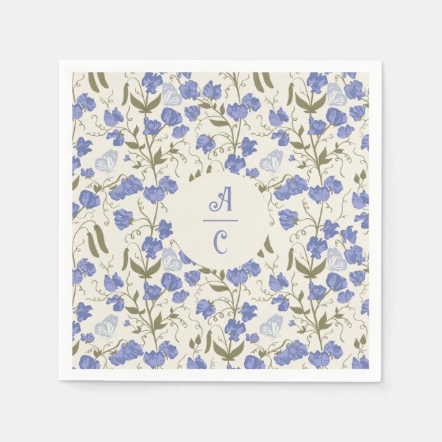 Sweet Pea Floral Blue and Cream  Napkins (Front)