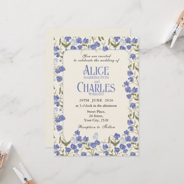 Sweet Pea Floral Blue and Cream Wedding Invitation (Front/Back In Situ)