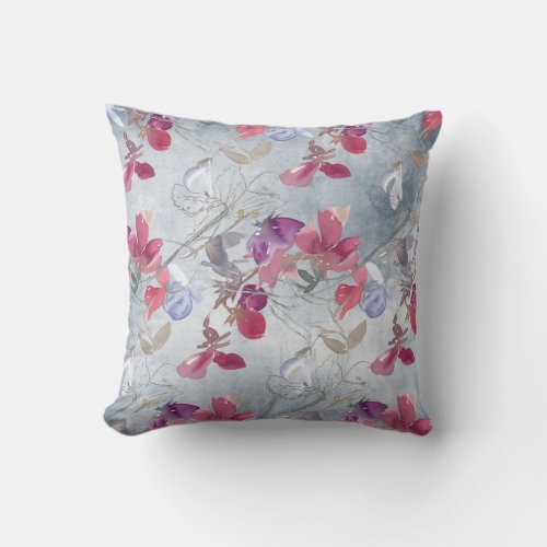 Sweet Pea Floral Pattern on Blue Throw Pillow
