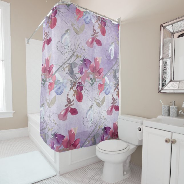 Sweet Pea Floral Pattern on Purple Shower Curtain (In Situ)