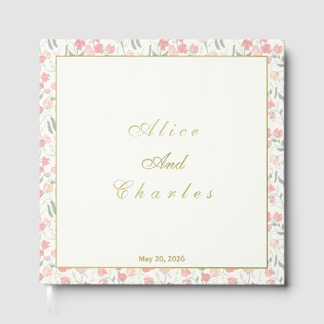 Sweet Pea Floral Pink and Cream  Foil Guest Book (Front)