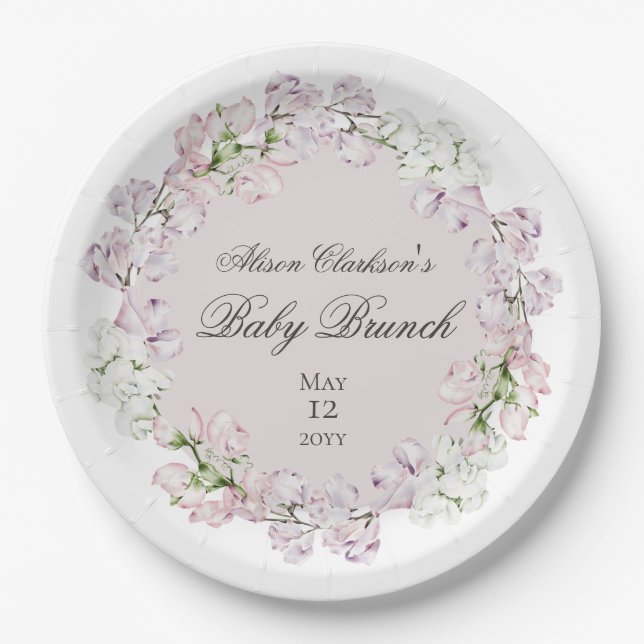 Sweet Pea flower Baby brunch elegant Round  Paper Plates