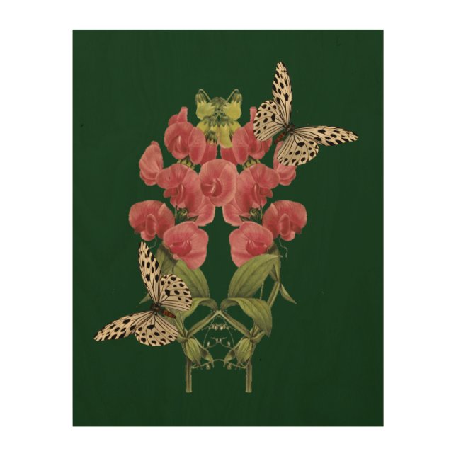 Sweet Pea Flowers And Butterflies    Wood Wall Art (Front)