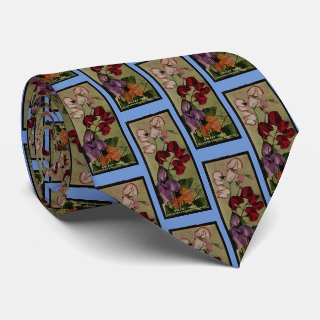 Sweet Pea Flowers Antique Seed Packet Print Neck Tie (Rolled)