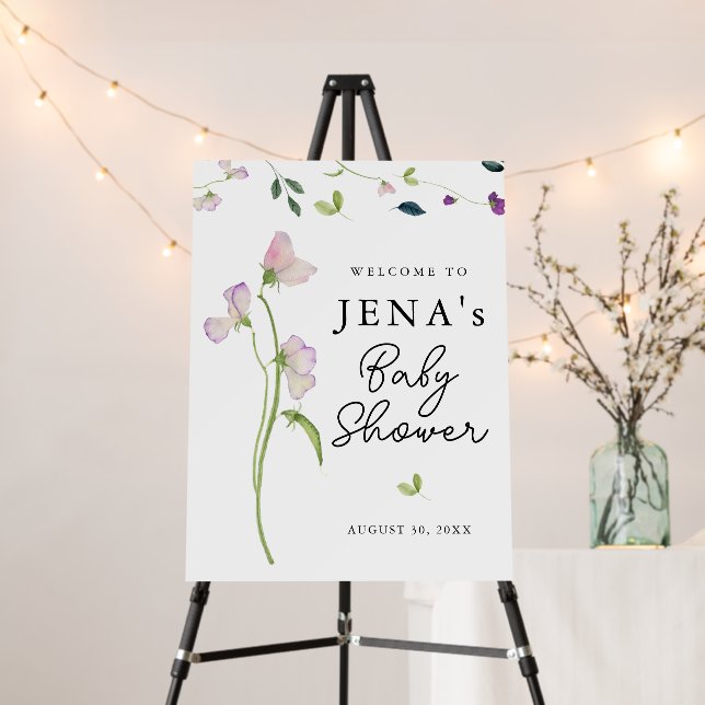 Sweet Pea Flowers | Girl Baby Shower Welcome Sign (In Situ (Stand))
