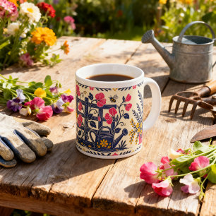 Sweet Pea Garden Folk Art Linocut Trellis Cottage Giant Coffee Mug