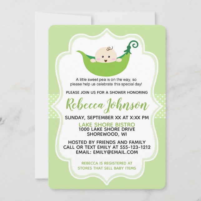 Sweet Pea Green Baby Shower Invitation customize (Front)