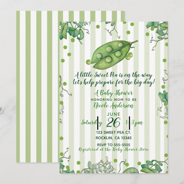 Sweet Pea Green Whimsical Polka Dot Baby Shower Invitation (Front/Back)