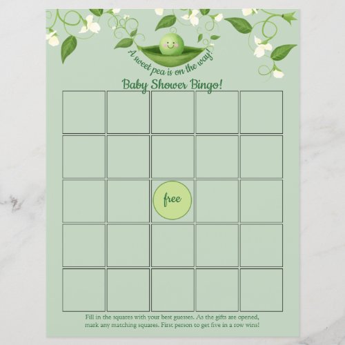 Sweet Pea in a Pod Baby Shower Bingo Game card
