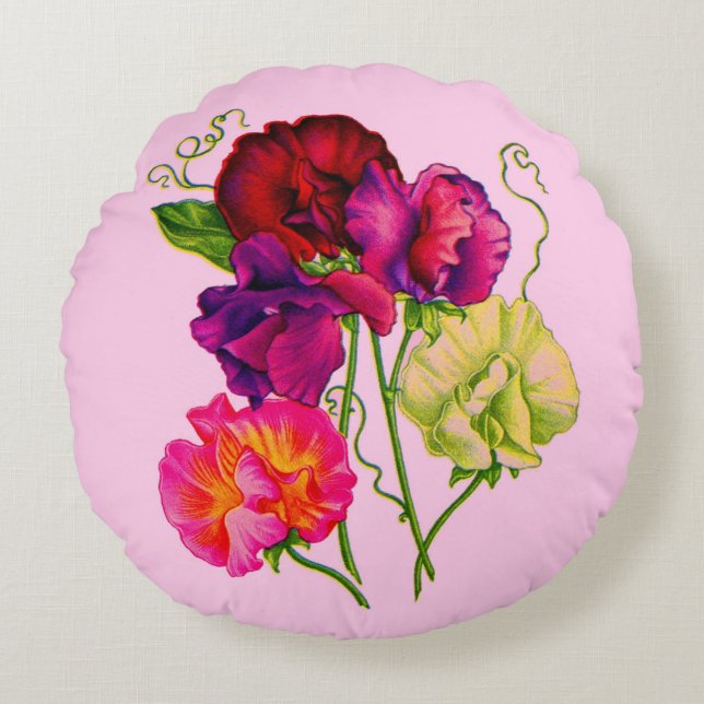 sweet pea in purple and pink round pillow (Front)