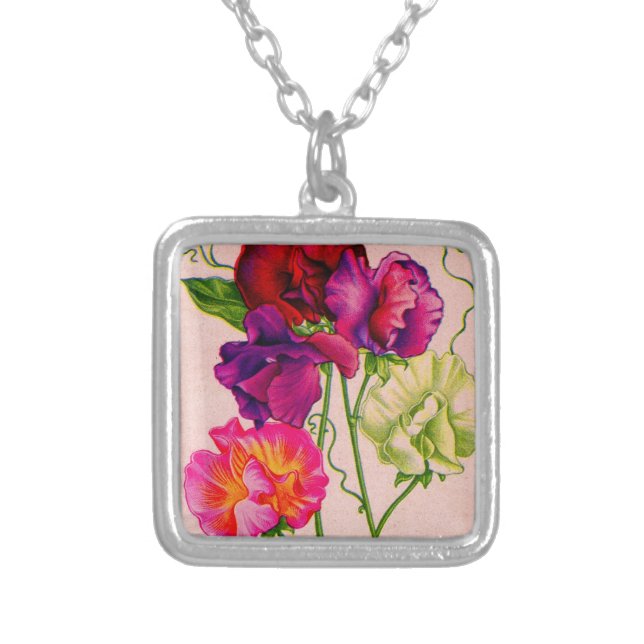 sweet pea in purple and pink silver plated necklace (Front)