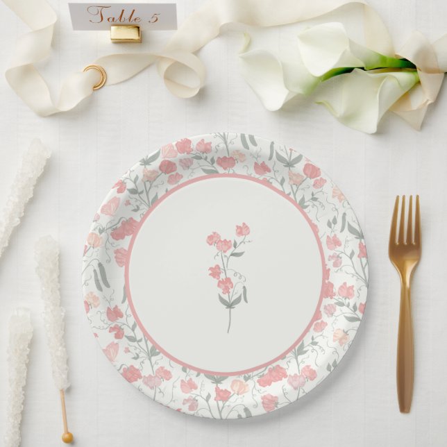 Sweet Pea Pink Floral Wedding Cream Paper Plates (Wedding)