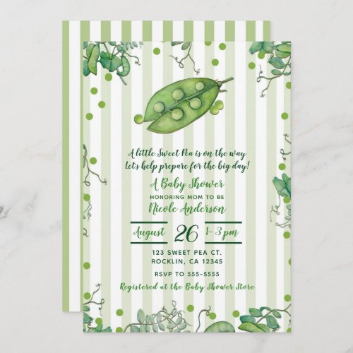 Sweet Pea Pod Green Striped Baby Shower Invitation