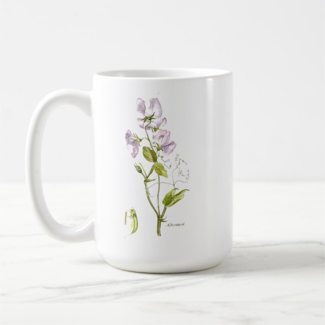 Sweet pea purple flower and saying coffee mug (Left)