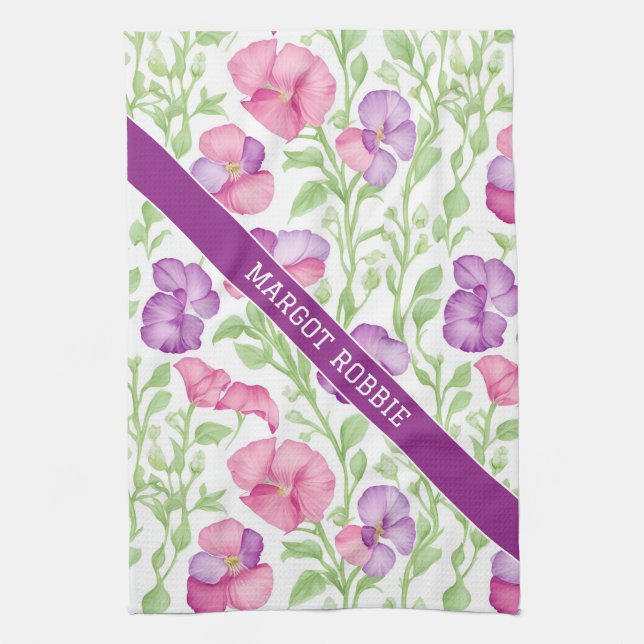 Sweet pea Watercolor Colorful Personalized Pattern Kitchen Towel (Vertical)
