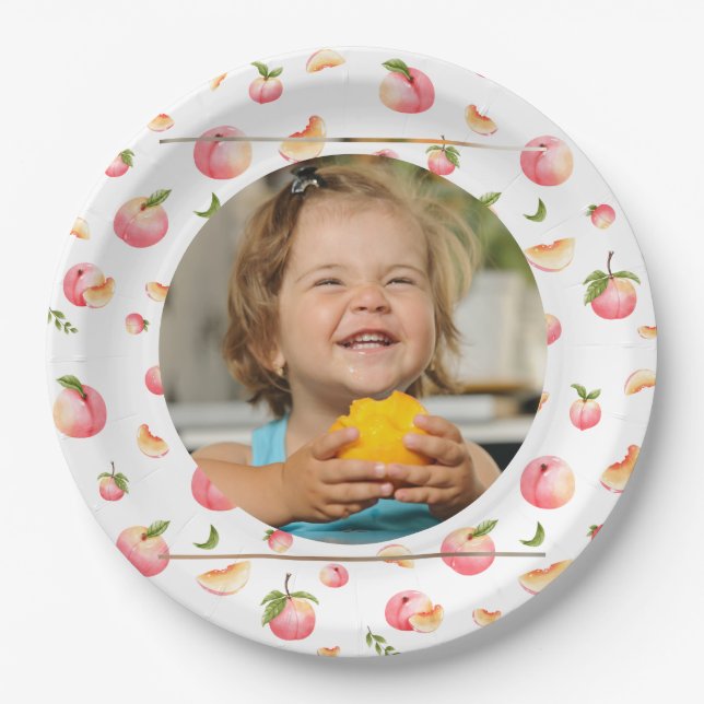 Sweet Peach 1st Birthday Photo Paper Plates (Front)