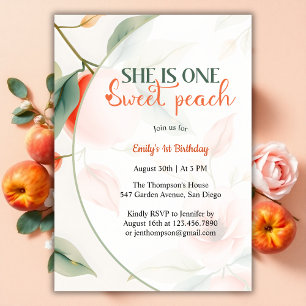 Sweet Peach 1st Birthday She Is One Party for Girl Invitation