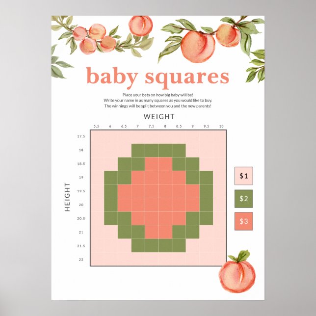 Sweet Peach Baby Shower Betting Squares Sign (Front)