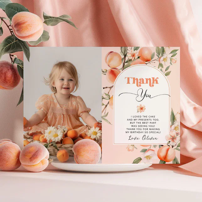Sweet peach birthday party photo thank you card | Zazzle