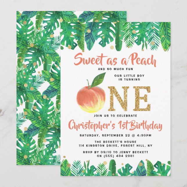 Sweet Peach Boys 1st Birthday Invitation (Front/Back)
