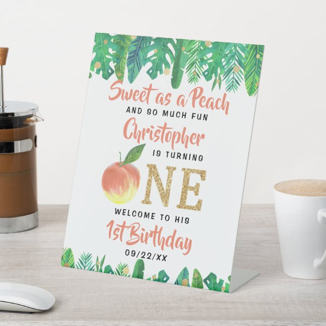 Sweet Peach Boys 1st Birthday Welcome Pedestal Sign (In SItu)
