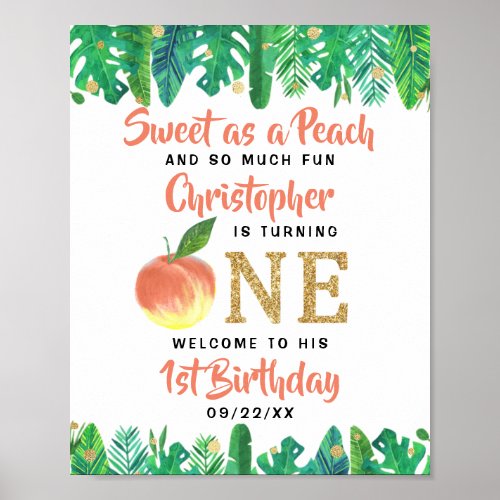 Sweet Peach Boys 1st Birthday Welcome Poster