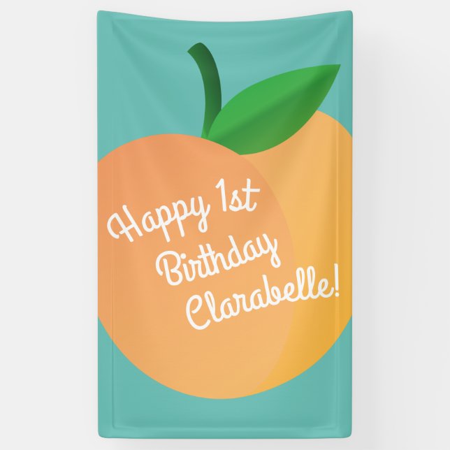 Sweet Peach Cute Fruit 1st Birthday Party Theme Banner (Vertical)