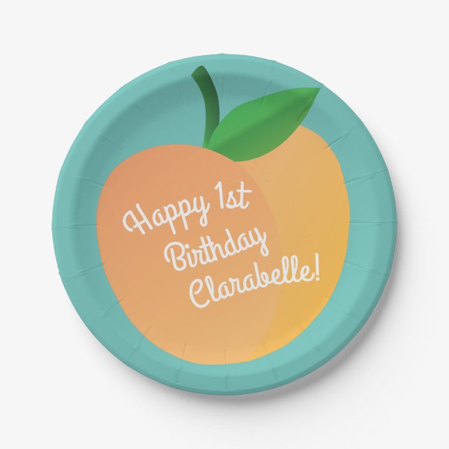 Sweet Peach Cute Fruit 1st Birthday Party Theme Paper Plates (Front)