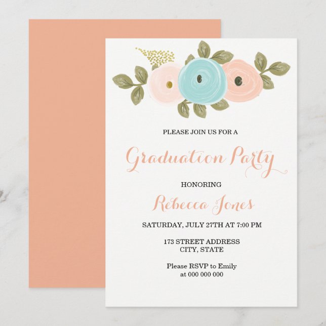 Sweet Peach Floral Graduation Party Invitation (Front/Back)
