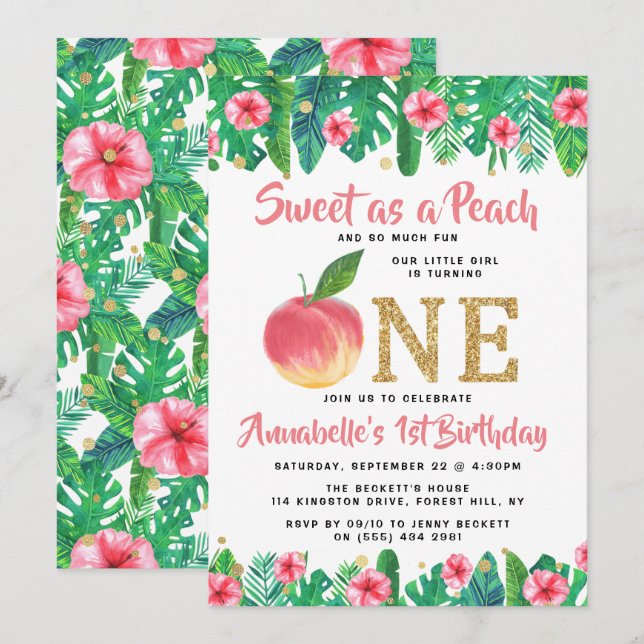 Sweet Peach Girls 1st Birthday Invitation (Front/Back)