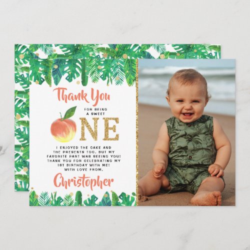 Sweet Peach Girls 1st Birthday Photo Thank You Card