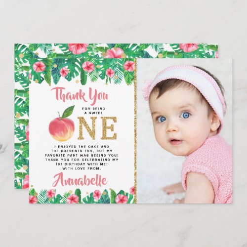 Sweet Peach Girls 1st Birthday Photo Thank You Card