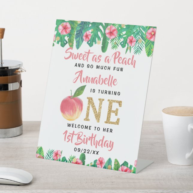 Sweet Peach Girls 1st Birthday Welcome Pedestal Sign (In SItu)