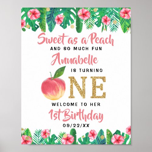 Sweet Peach Girls 1st Birthday Welcome Poster