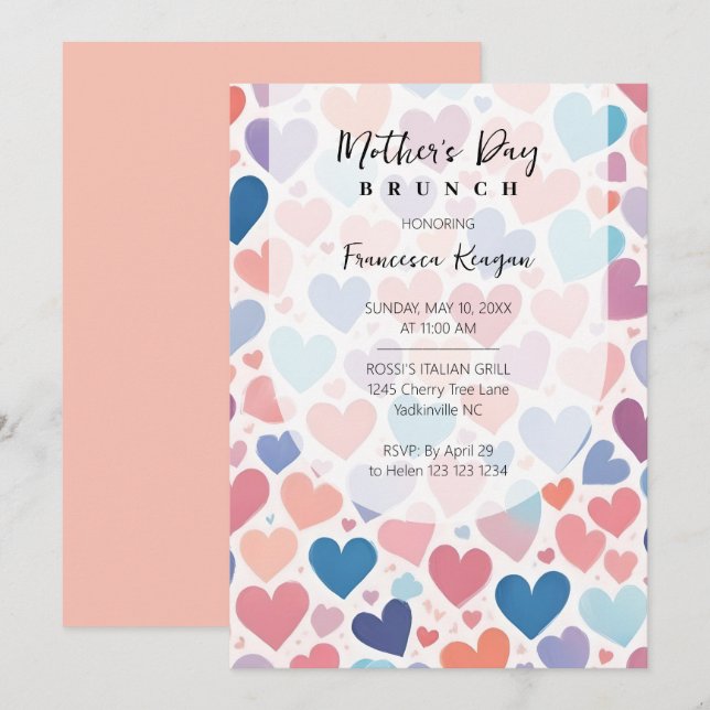 Sweet Peach Hearts Mothers Day Brunch Invitation (Front/Back)