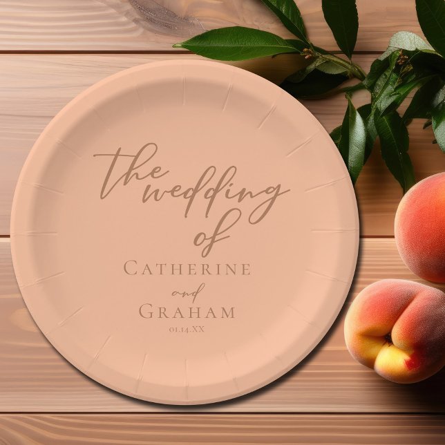 Sweet Peach Minimalist Script Summer Wedding Paper Plates (Creator Uploaded)